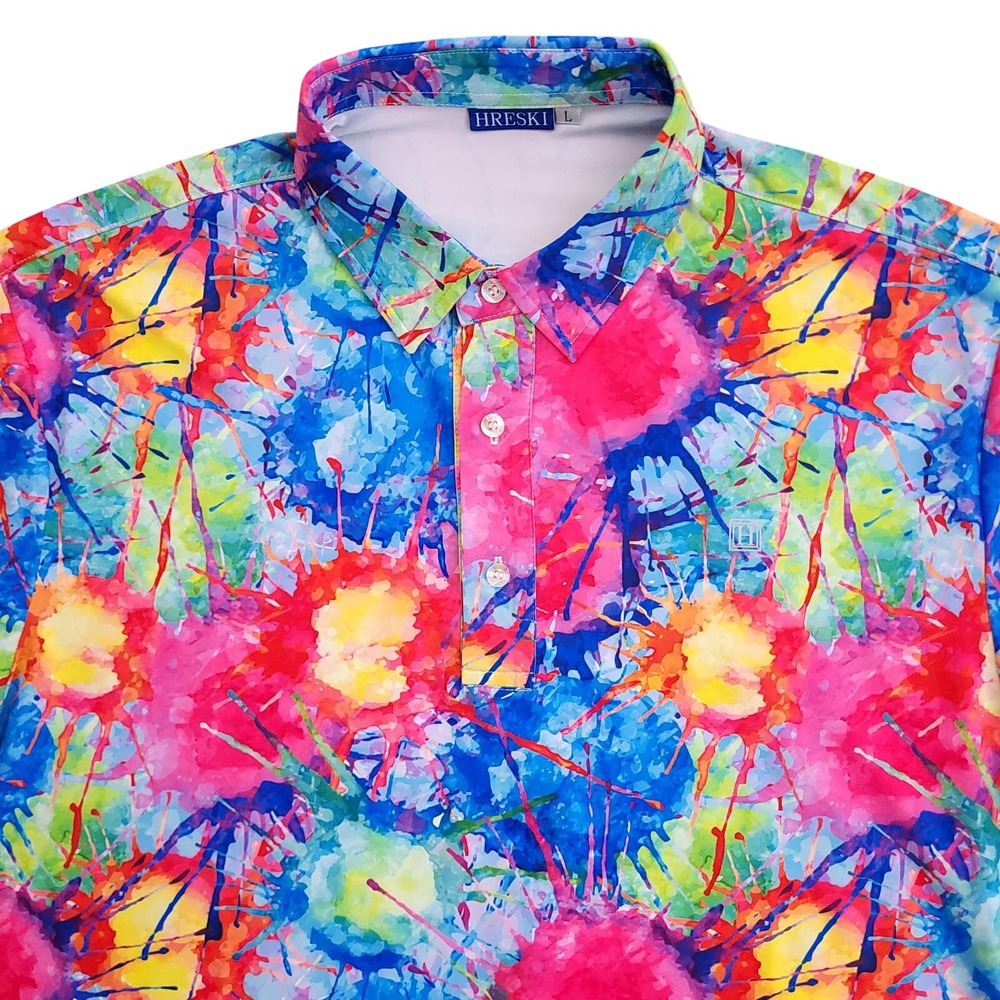 Hreski Polo Shirt‎ Mens Large Tie Dye Paint Splatter Golf Performance